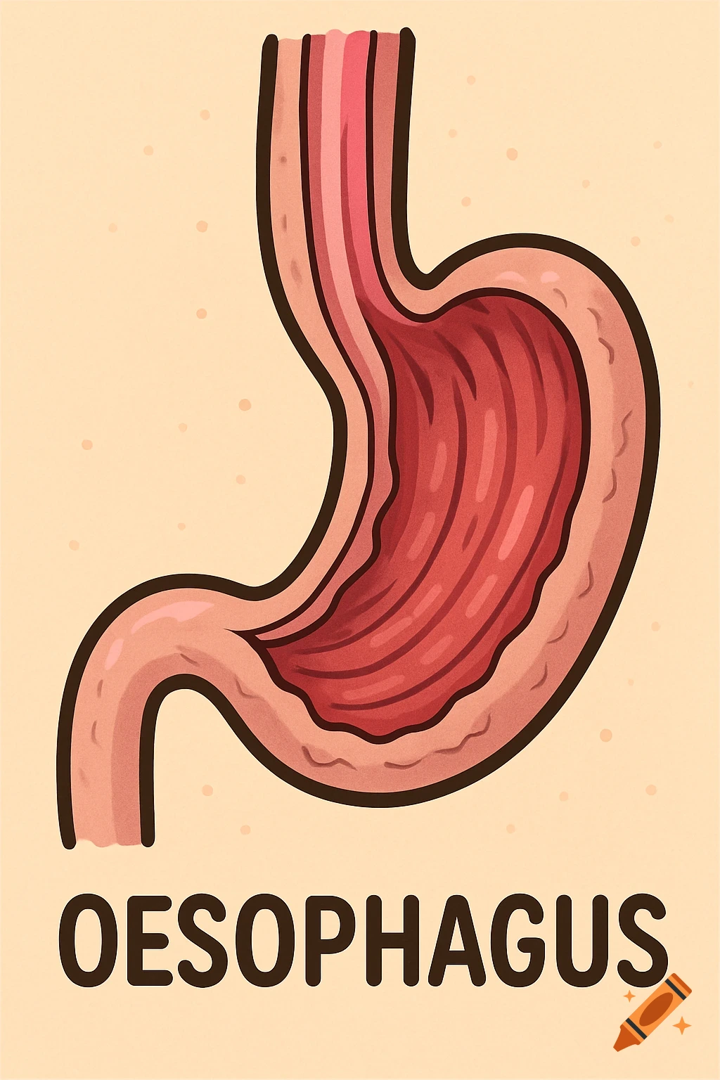 Cartoon diagram illustrating the human oesophagus and stomach, labeled 'OESOPHAGUS'.