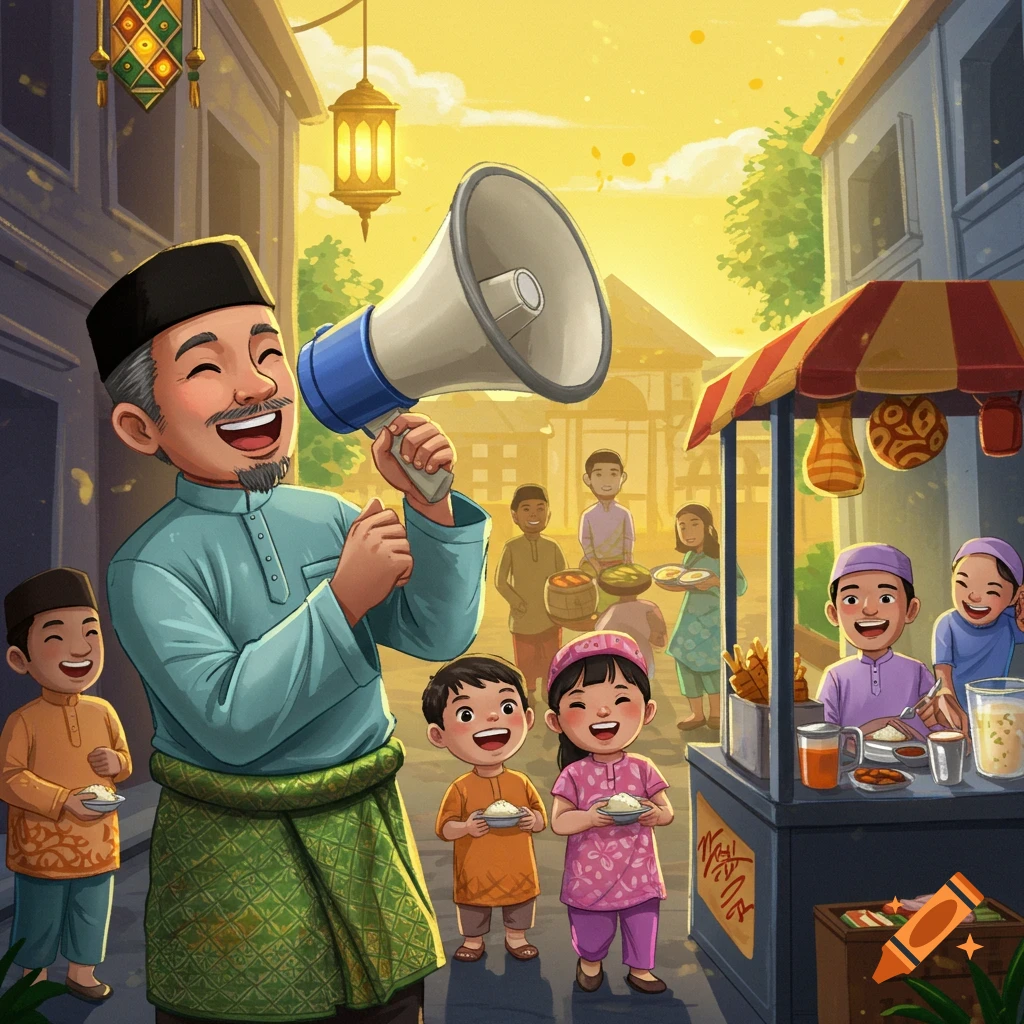 A man with a megaphone announces Sahur to children and adults gathered around a food stall in a festive street illustration.