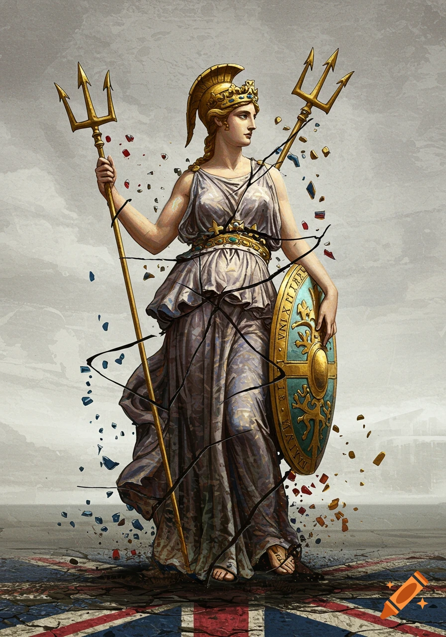 An allegorical illustration of Britannia, draped in classical robes, holding a trident and shield, standing on a cracked Union Jack flag with shards breaking around her.