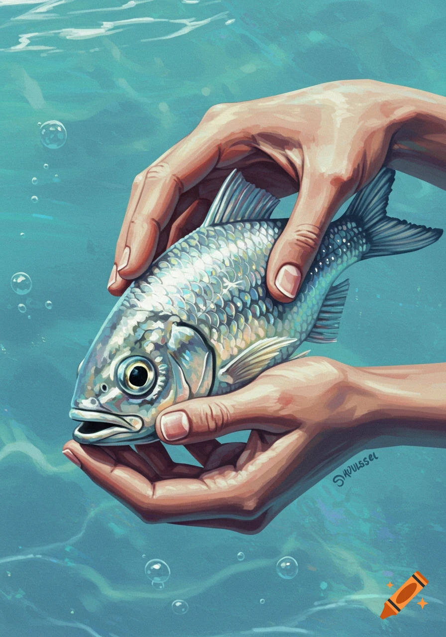 Two hands gently hold a fish underwater, with bubbles and light ripples in a blue-green illustrative style.