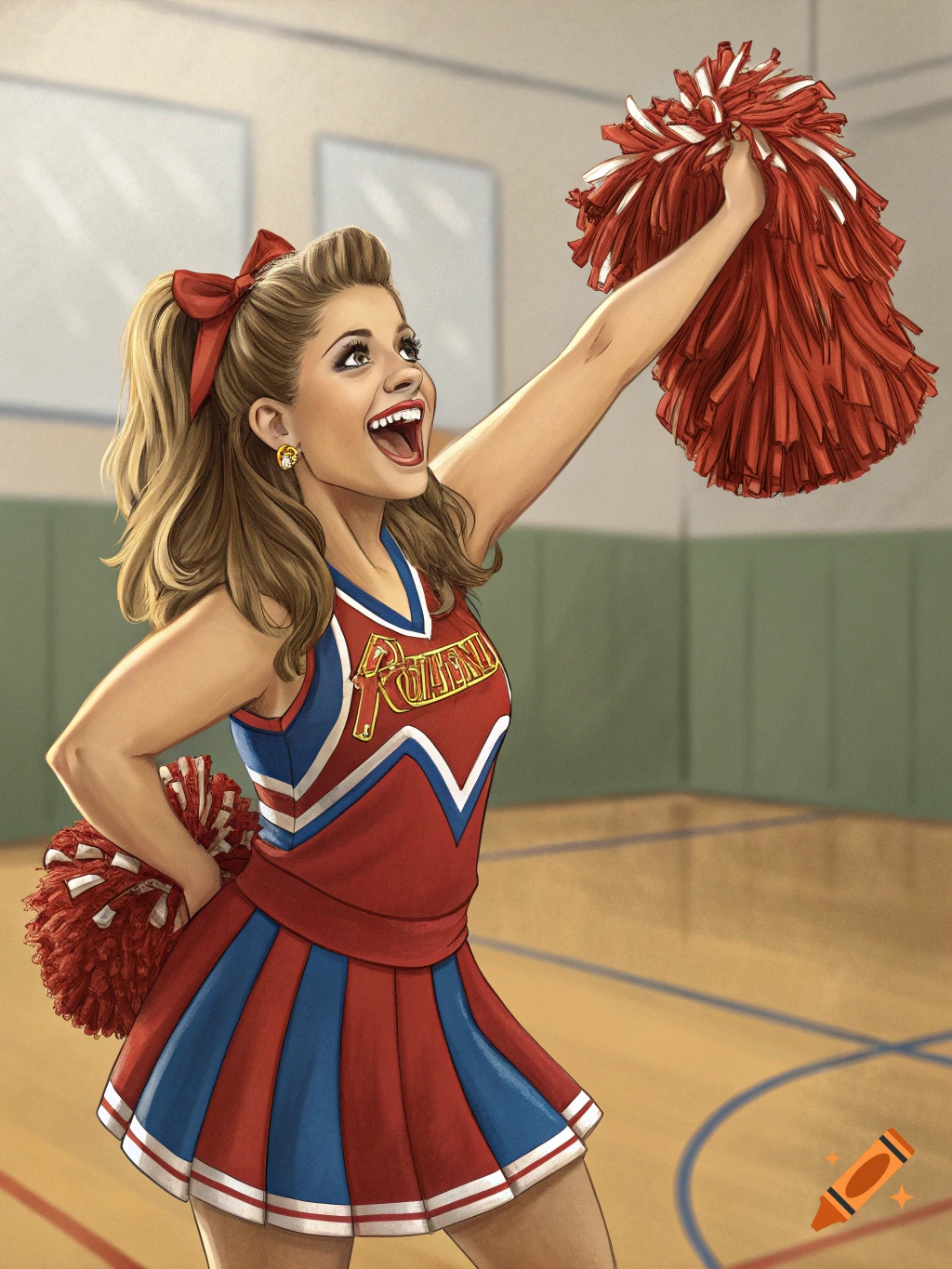 An illustration of a cheerful cheerleader in a red and blue uniform holding pom-poms, standing on a basketball court.
