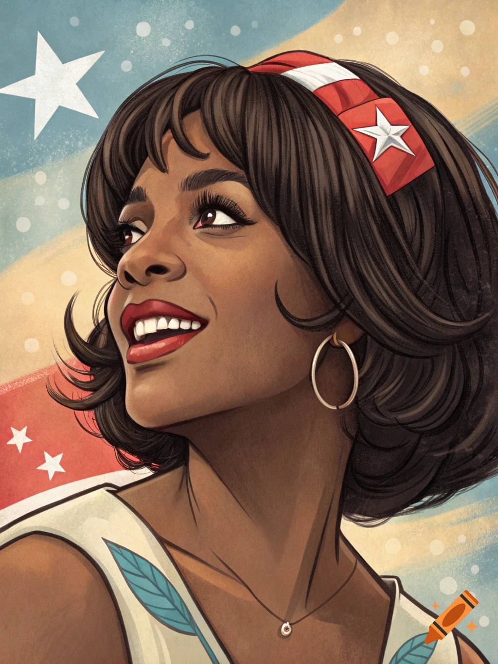 Animated portrait of a smiling Black woman with dark hair, a starry headband, and a patriotic background.