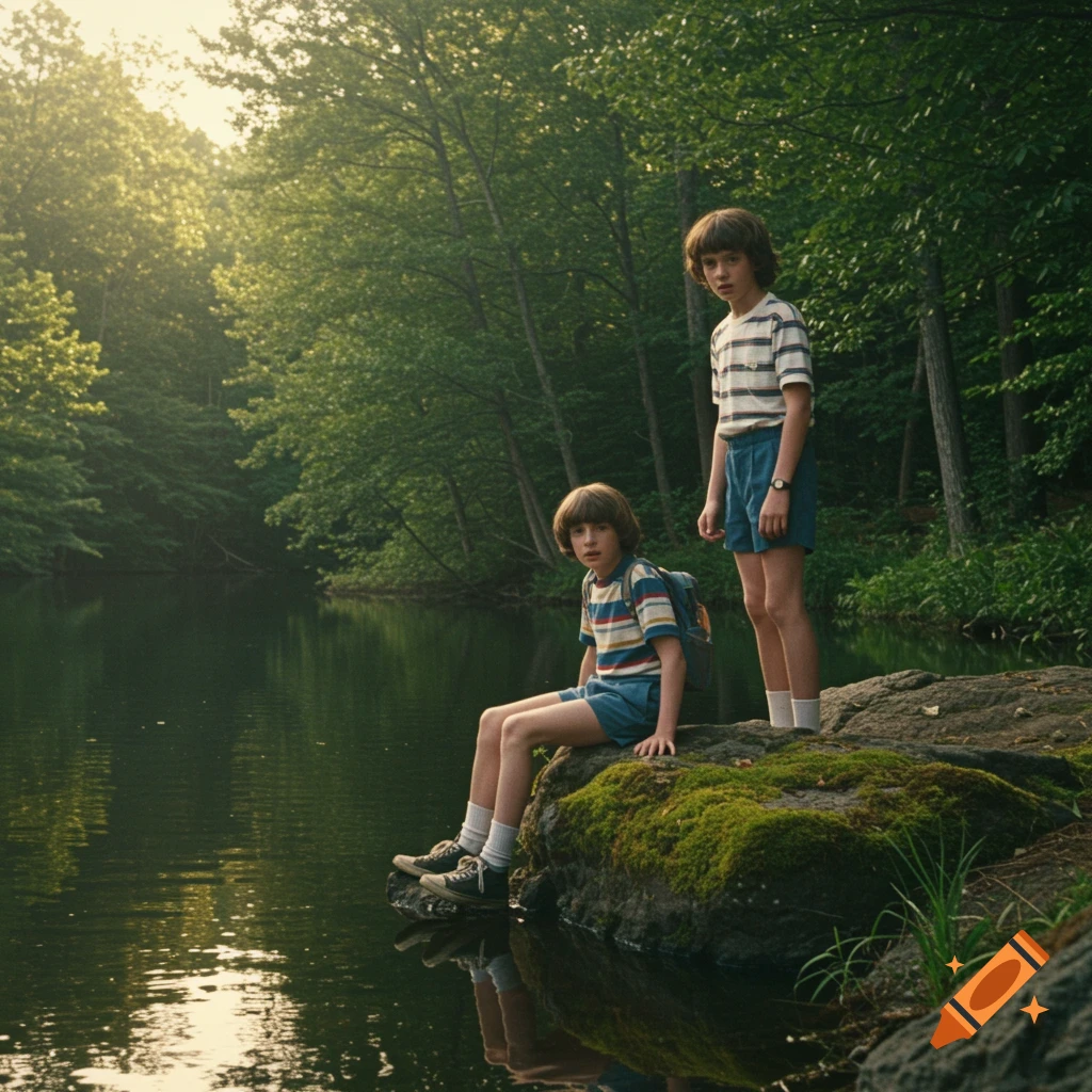 Two young boys, resembling Will Byers and his brother from Stranger Things, by a lake in a forest.