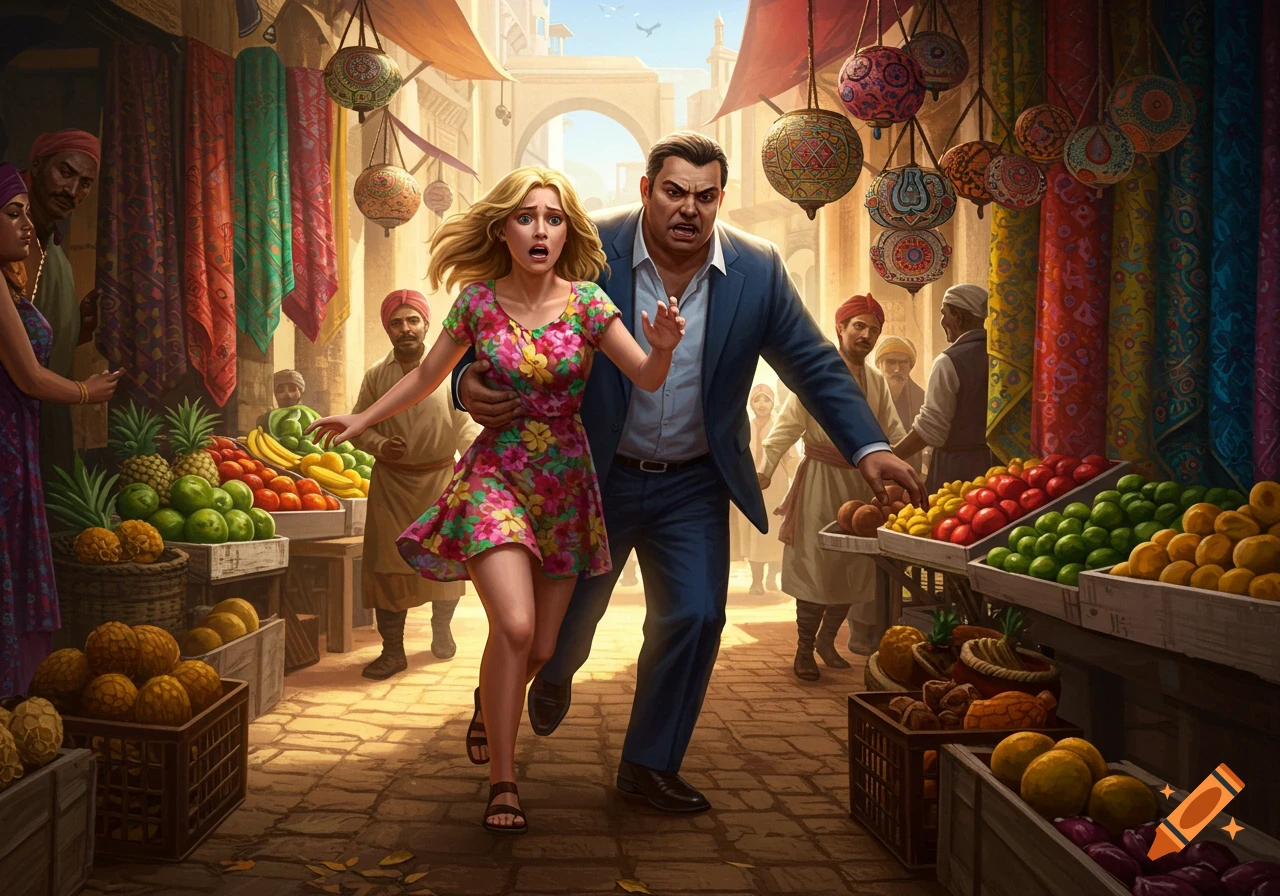 A scared woman in a floral dress is pulled by an angry man through a vibrant marketplace with fruit stalls and hanging lanterns.