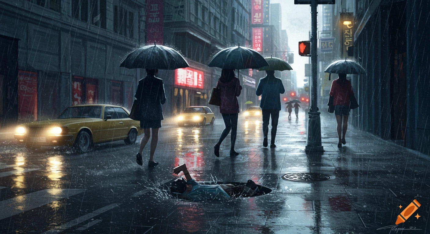 A dark, rainy city street at night, with people walking under umbrellas and yellow cars driving. A person has fallen into a manhole, splashing water.