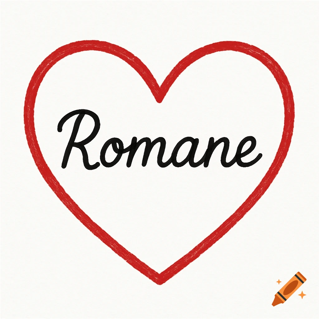 A red outline heart with the name Romane written in black script inside.