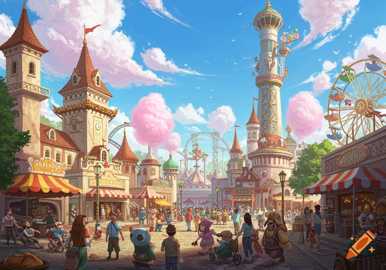 A vibrant, colorful theme park filled with various rides, fantastical buildings, and many cartoon-like people in an illustrated style.