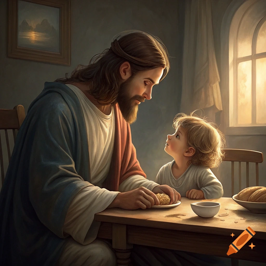 Jesus with long hair and beard sits at a wooden table, looking tenderly at a young child across from him. He holds a piece of bread.