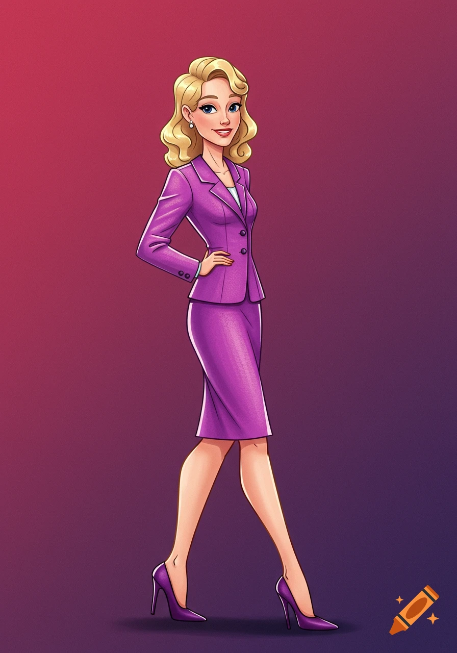 Blonde woman in purple skirt-suit and high heels, walking, in clip art style.