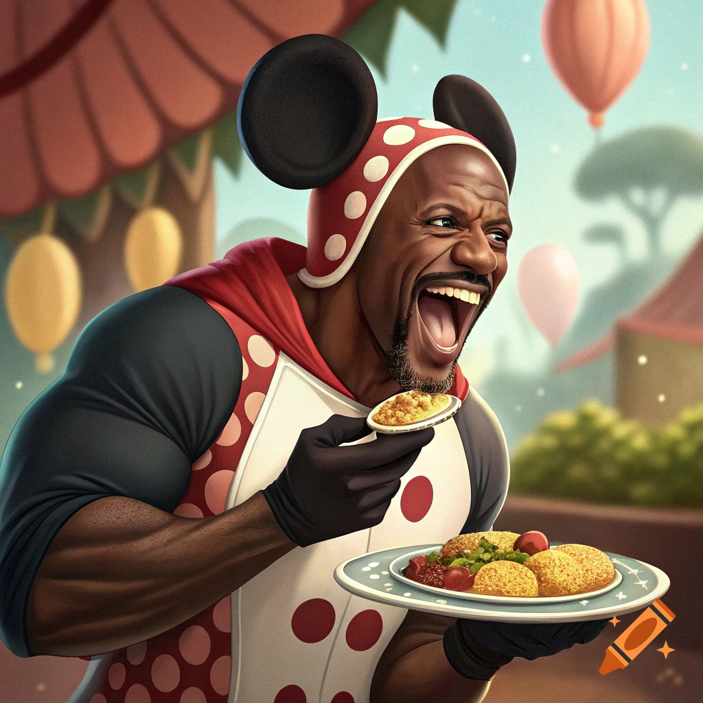 Terry Crews in a Minnie Mouse-like costume laughing joyfully while holding plates of food at an outdoor festival.