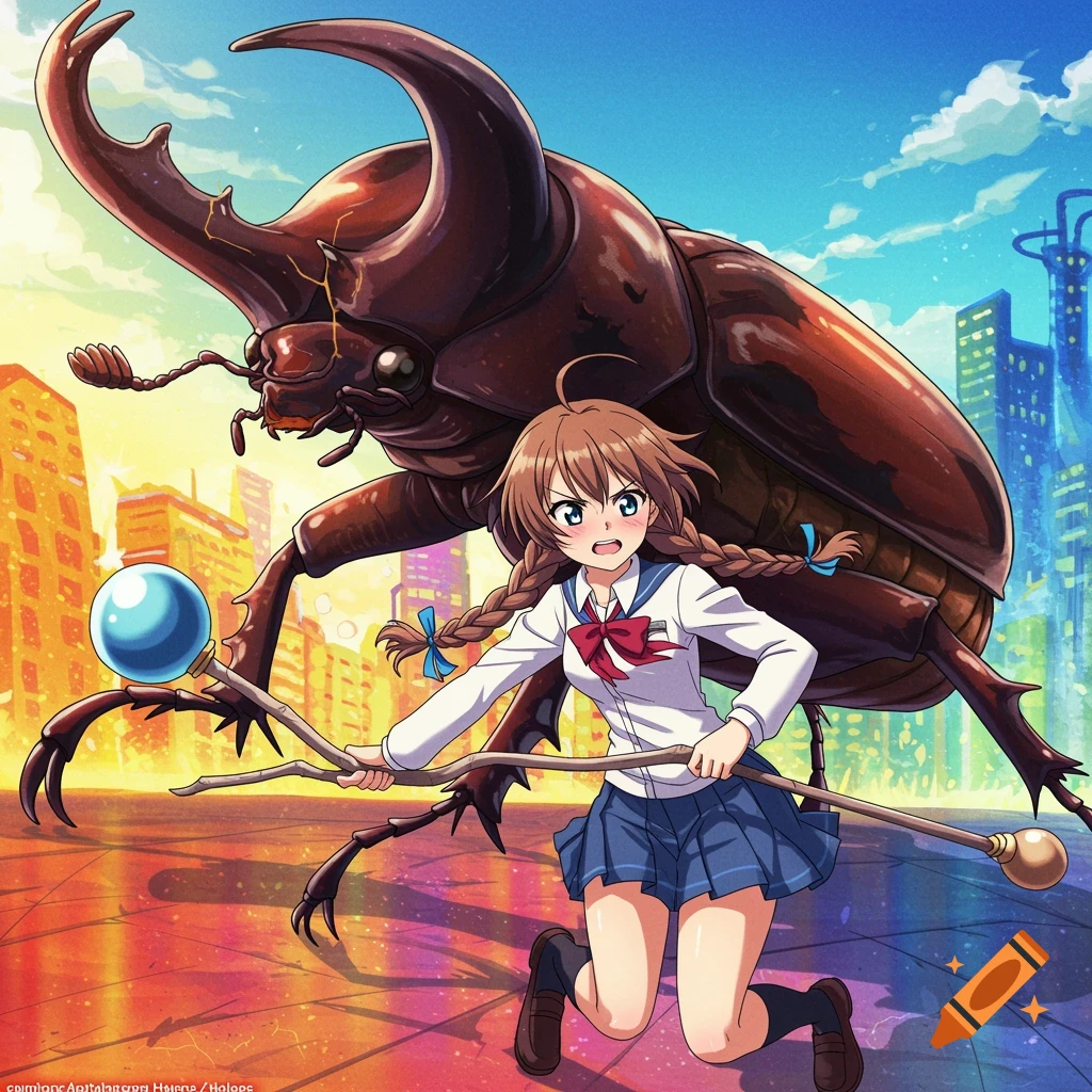 An anime girl in a school uniform holds a staff while facing a giant atlas beetle in a vibrant city landscape.