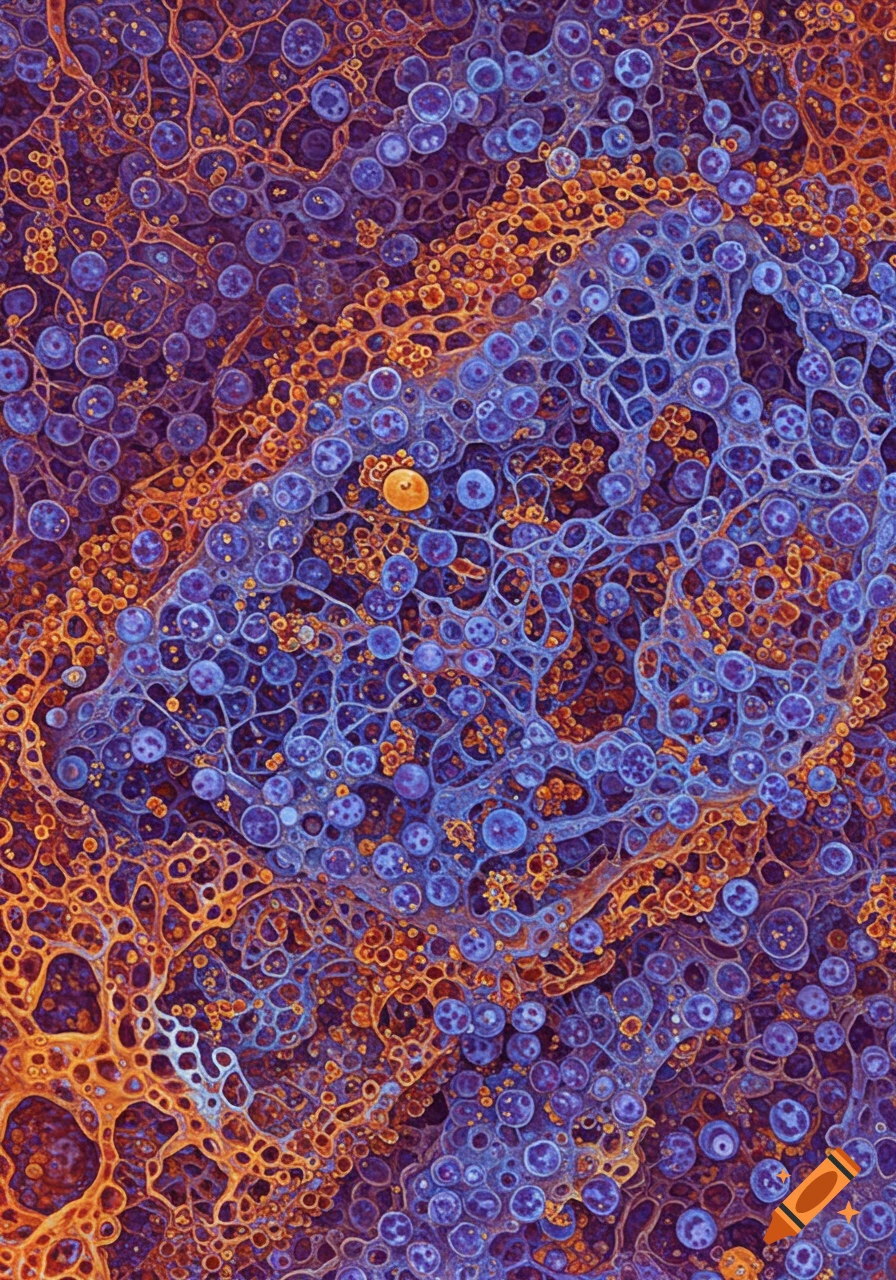 Close-up abstract view of intricate, intertwined blue and orange cellular structures, resembling a microscopic biological network.