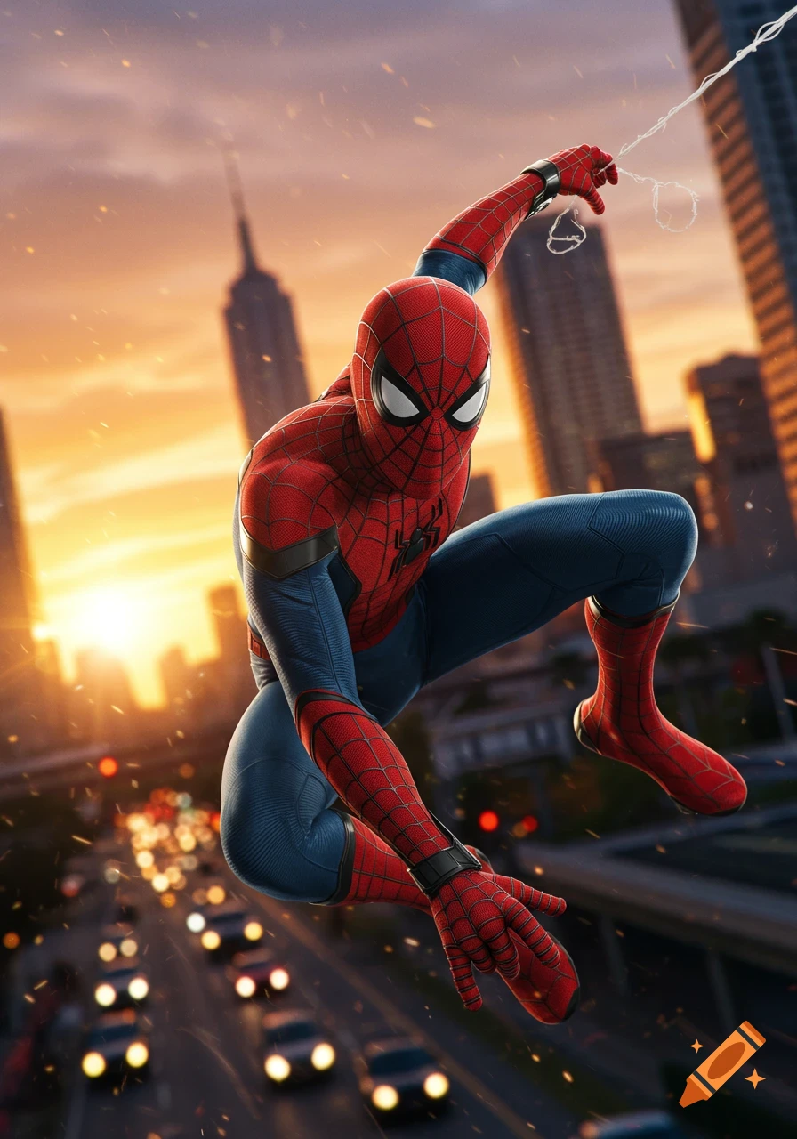 Spider-Man in his classic red and blue suit leaps through a city skyline at sunset, with bokeh lights from cars below.