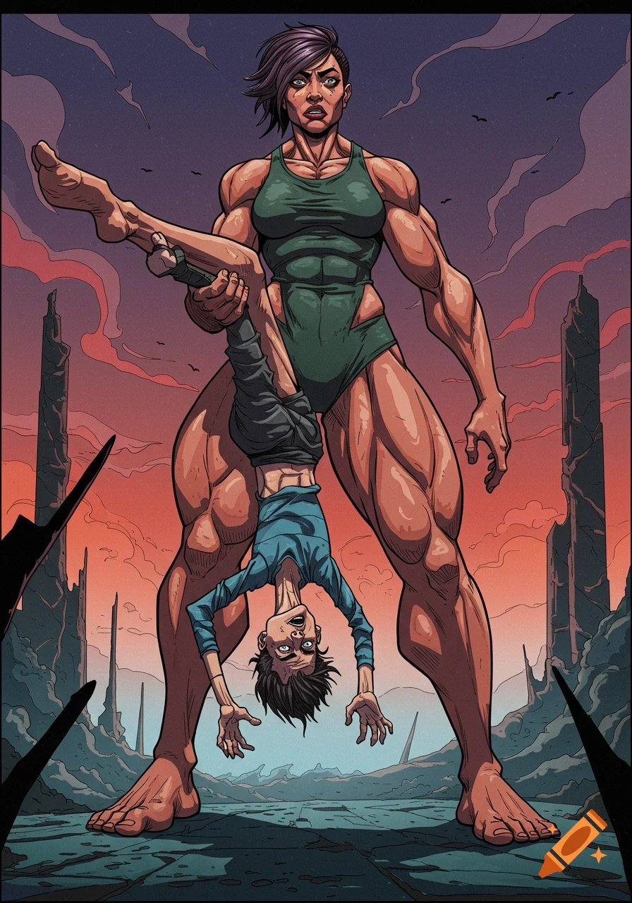 A powerful, muscular woman in a green leotard holds a small, terrified man upside down by one leg in a comic book style.