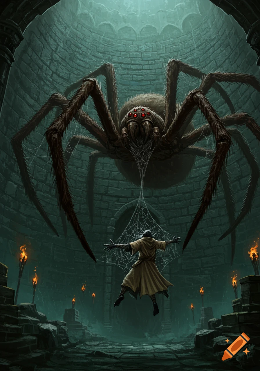 A giant spider lowers itself towards a robed sorcerer caught in its web, inside a dark, torch-lit dungeon.