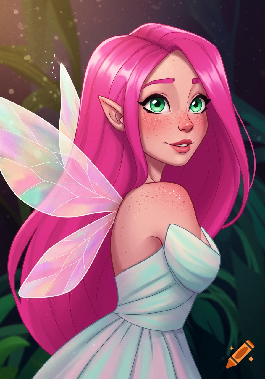 Animated portrait of a fairy with long pink hair, green eyes, freckles, and iridescent wings, wearing a light blue dress.