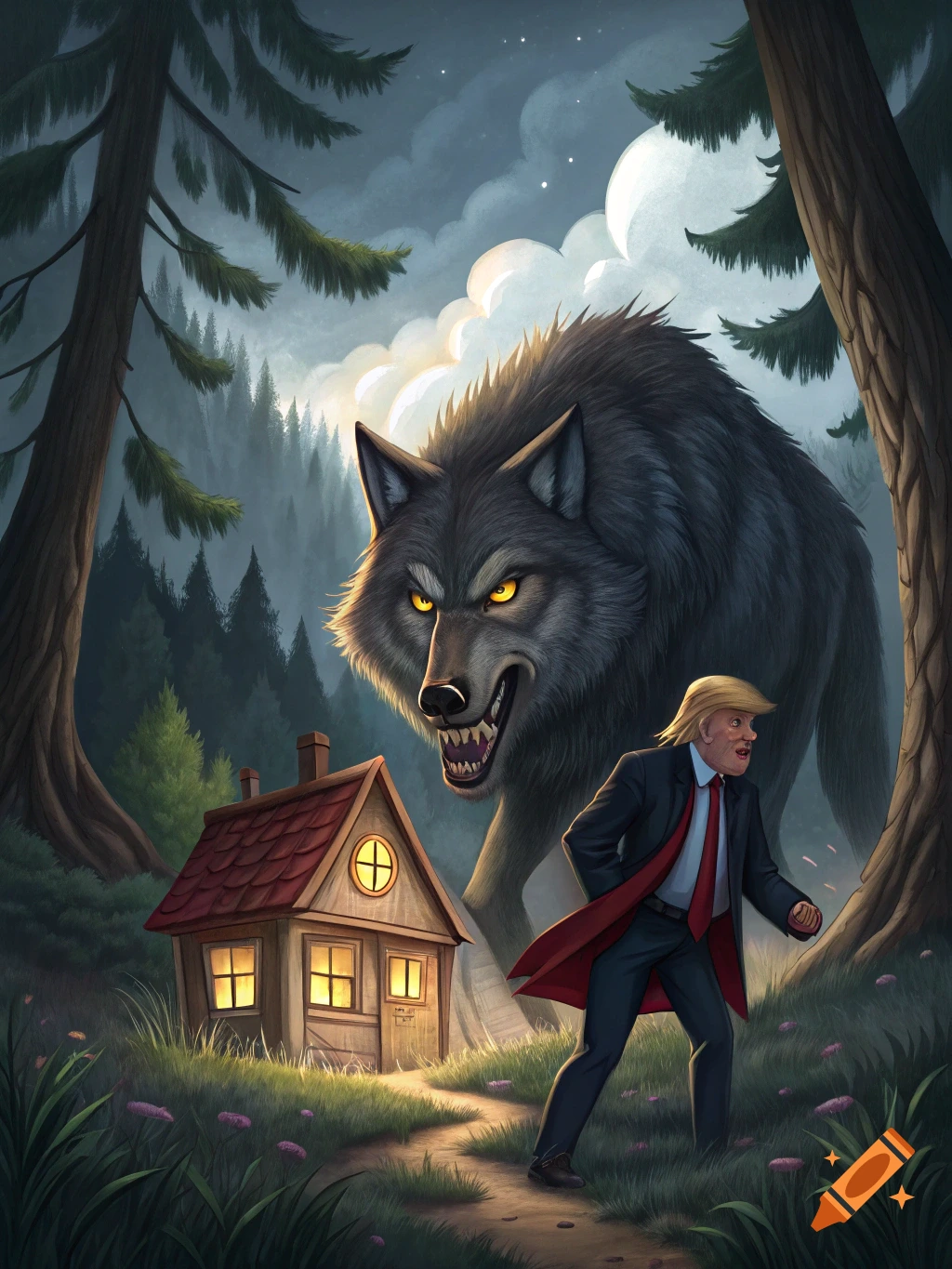 Donald Trump runs from a giant, menacing wolf near a small house in a dark, stylized fairy tale forest.