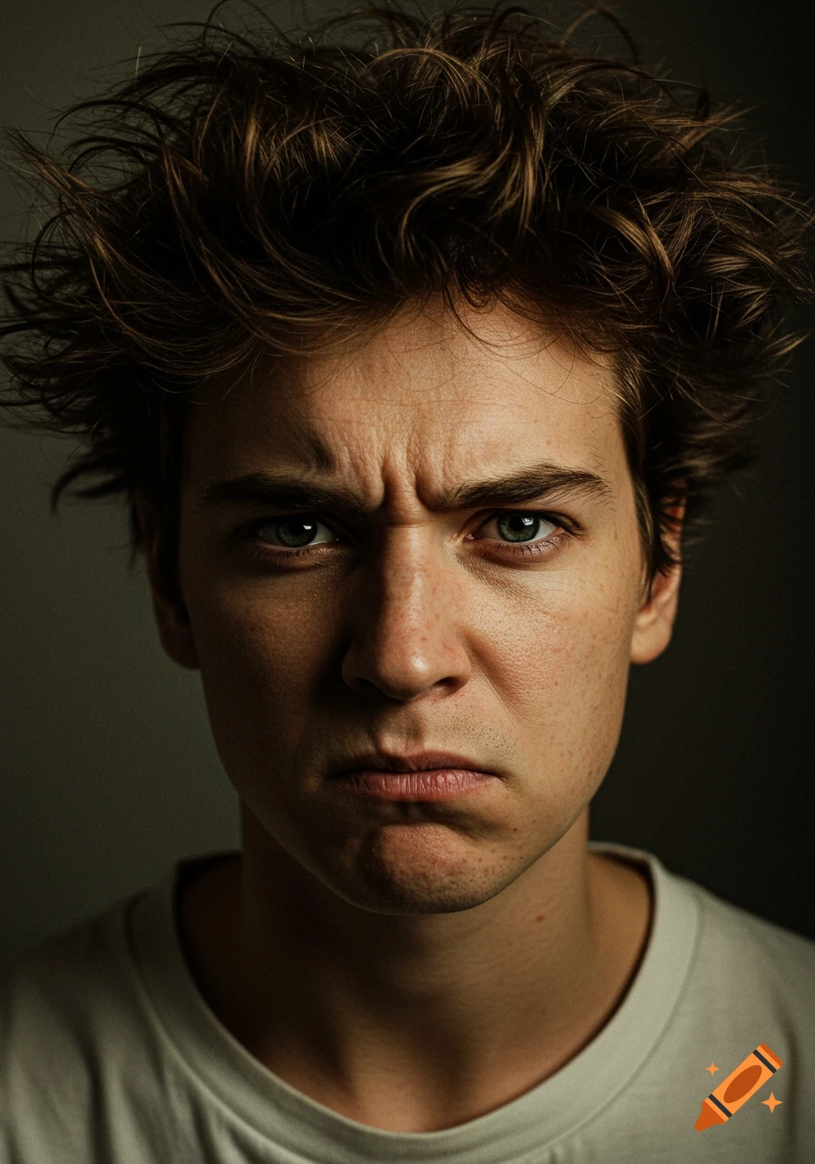 Close-up photorealistic portrait of a man with messy brown hair and a stern, furrowed expression.