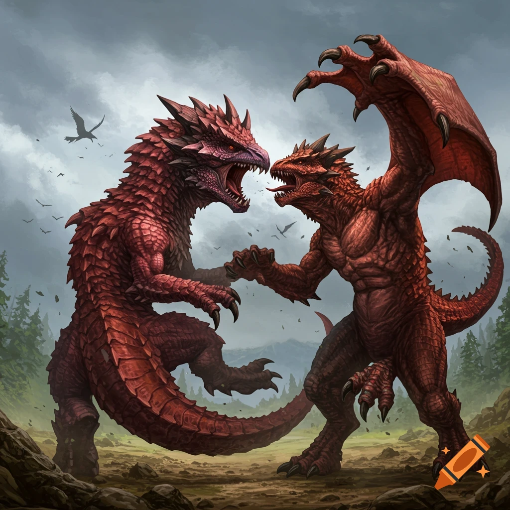 Two large red dragons with sharp claws and teeth fighting under a cloudy sky in a forested area. Digital art.