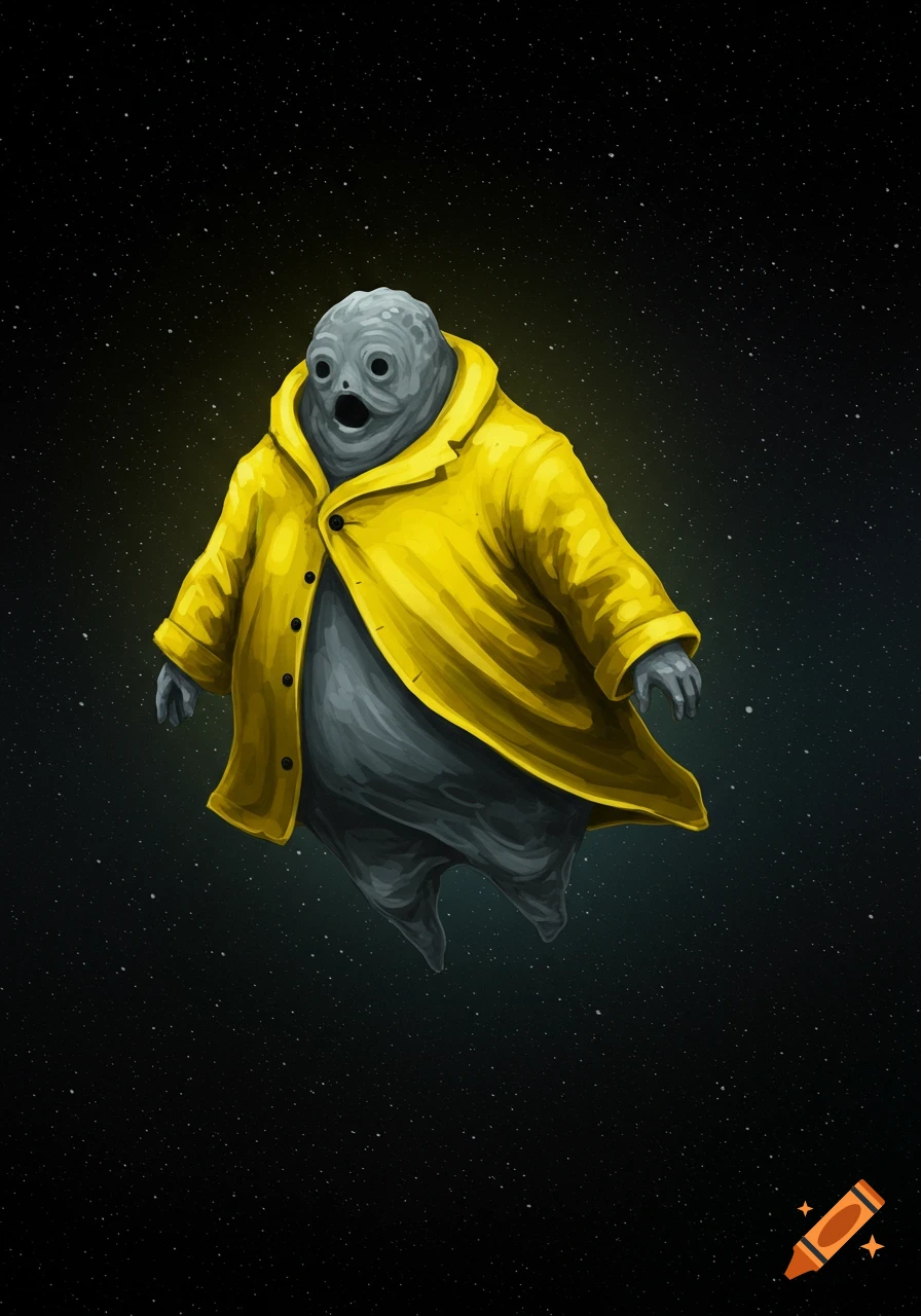 A spooky, grey, alien-like creature with big eyes and an open mouth, wearing a yellow raincoat, floats in the vast darkness of space filled with tiny stars.
