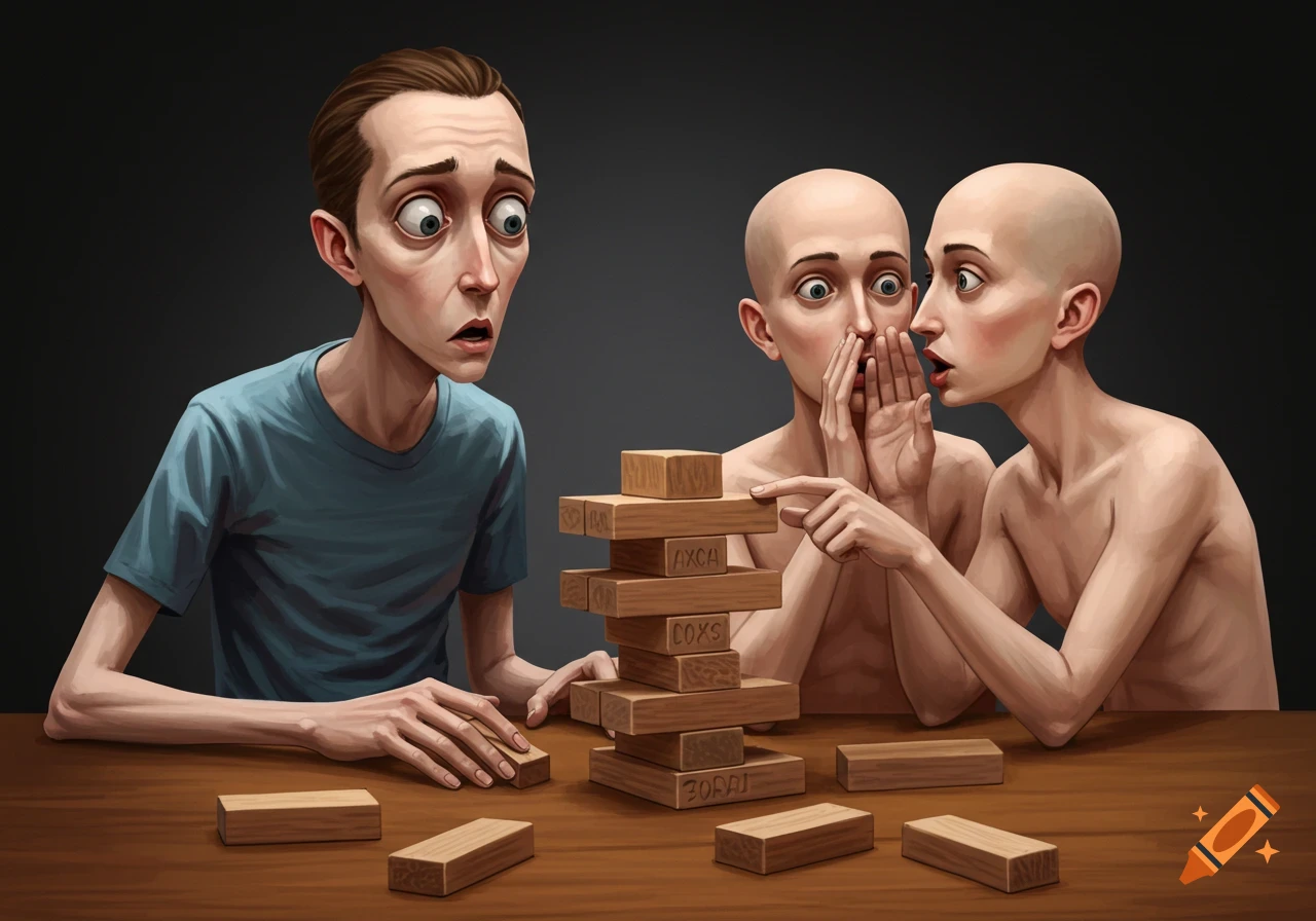 A skinny man with large eyes and two bald figures with wide eyes play Jenga on a wooden table, one whispering. Stylized illustration.