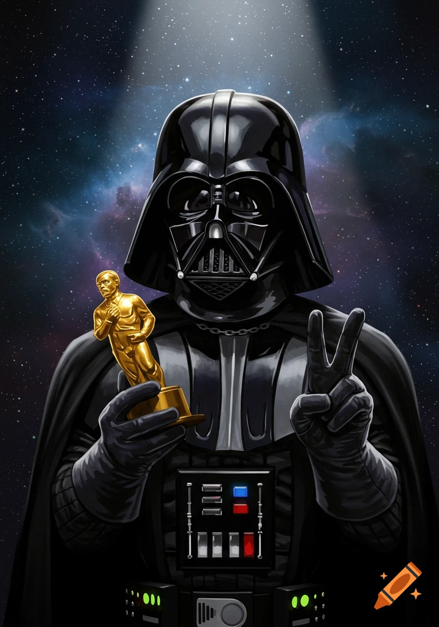 Darth Vader in his black suit and helmet holds a golden trophy in one hand and makes a peace sign with the other, set against a starry space background.