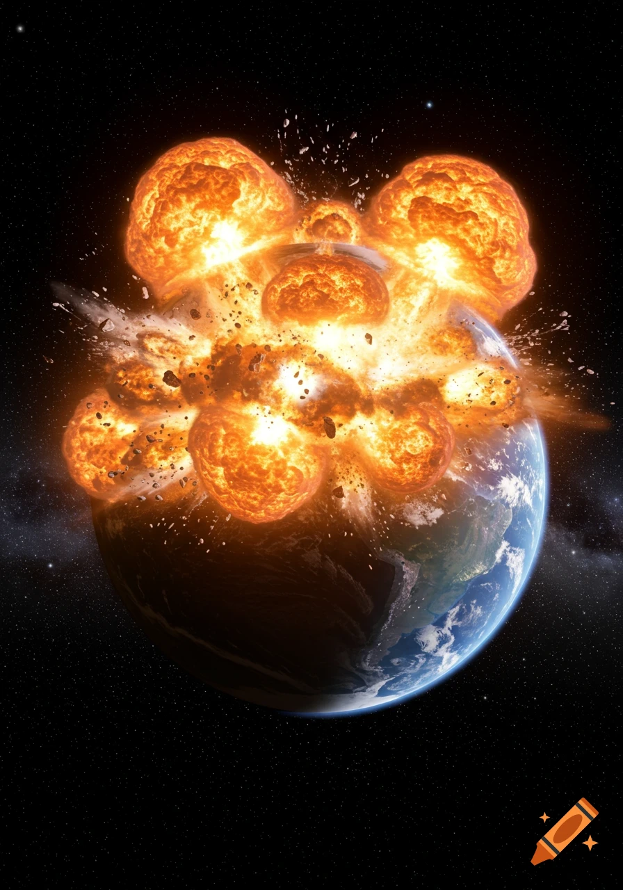 Photorealistic image of Earth exploding in space with large fiery blasts and debris.