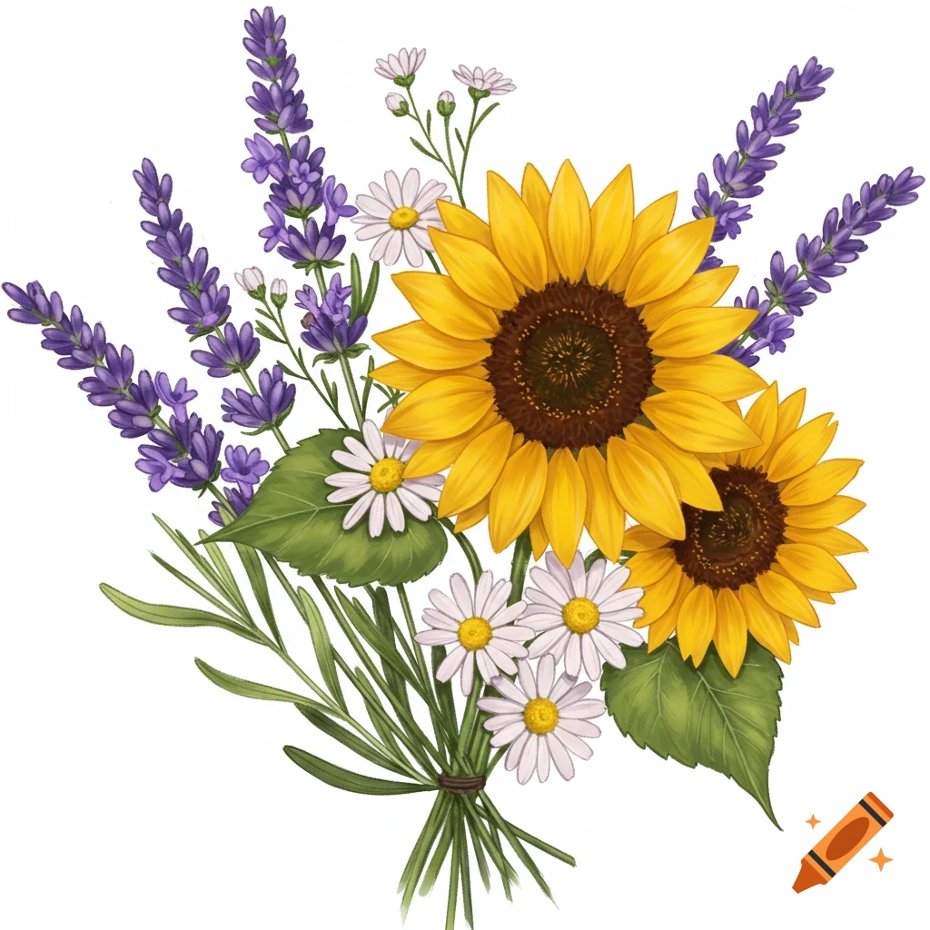 A vibrant bouquet featuring yellow sunflowers, purple lavender, and white daisies tied together.
