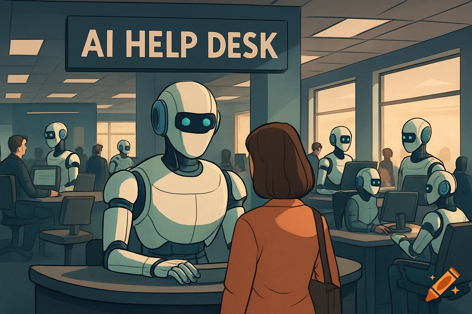 Cartoon illustration of an AI help desk with robots assisting a customer in a busy office.