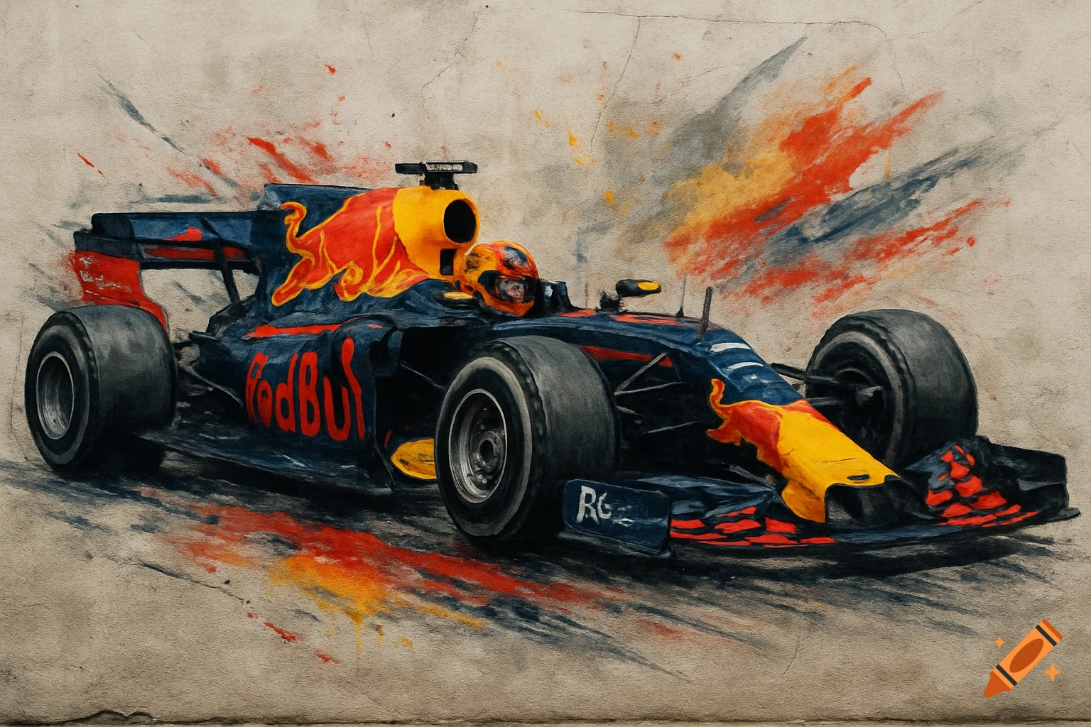 A dark blue Red Bull Formula 1 race car with a driver, depicted in a vibrant mural or watercolor style with red and orange paint splashes against a light background.