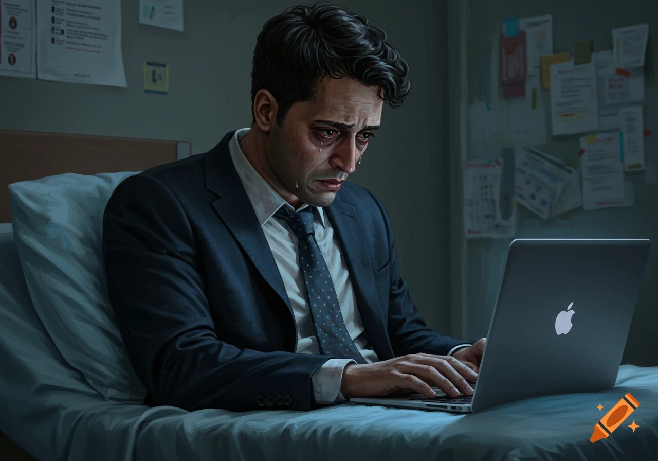 A crying man in a suit sits on a hospital bed, looking down at his laptop. Papers are tacked to the wall behind him.