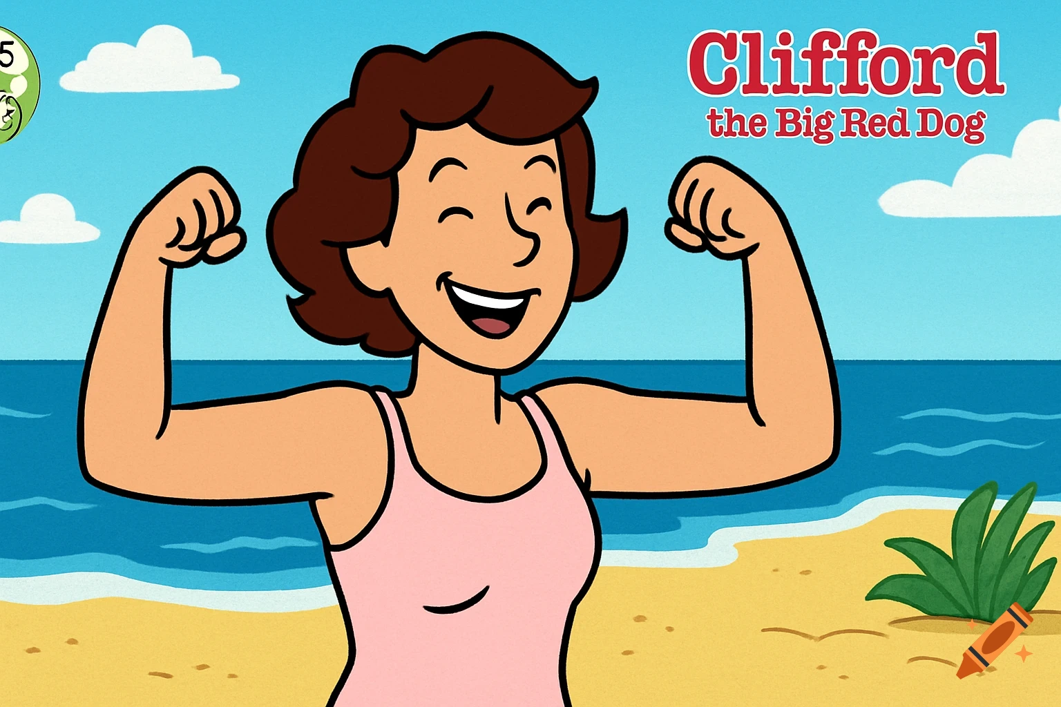 A cartoon woman with brown hair in a pink tank top smiles and flexes her biceps on a sandy beach with ocean waves. The logo 'Clifford the Big Red Dog' is in the top right.