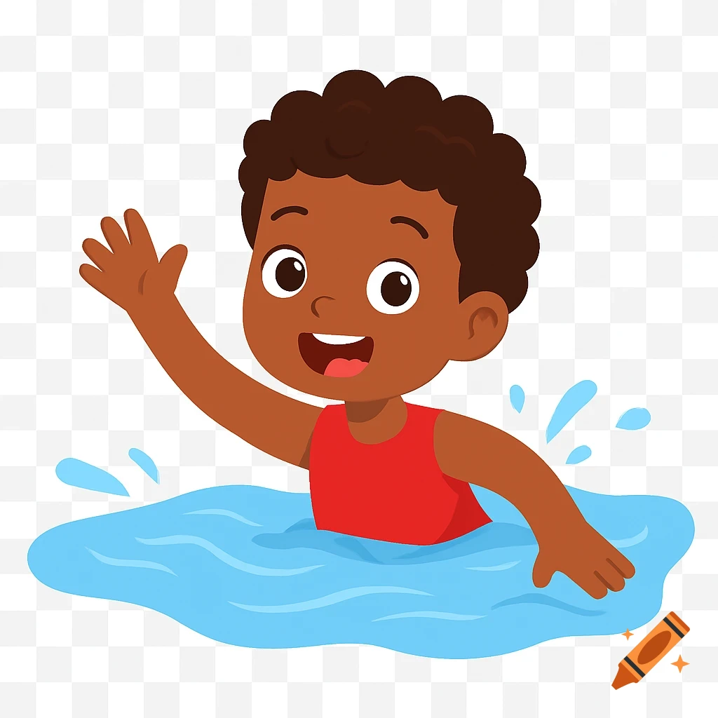 A happy cartoon boy with dark skin and curly hair swims in blue water, waving his right hand.