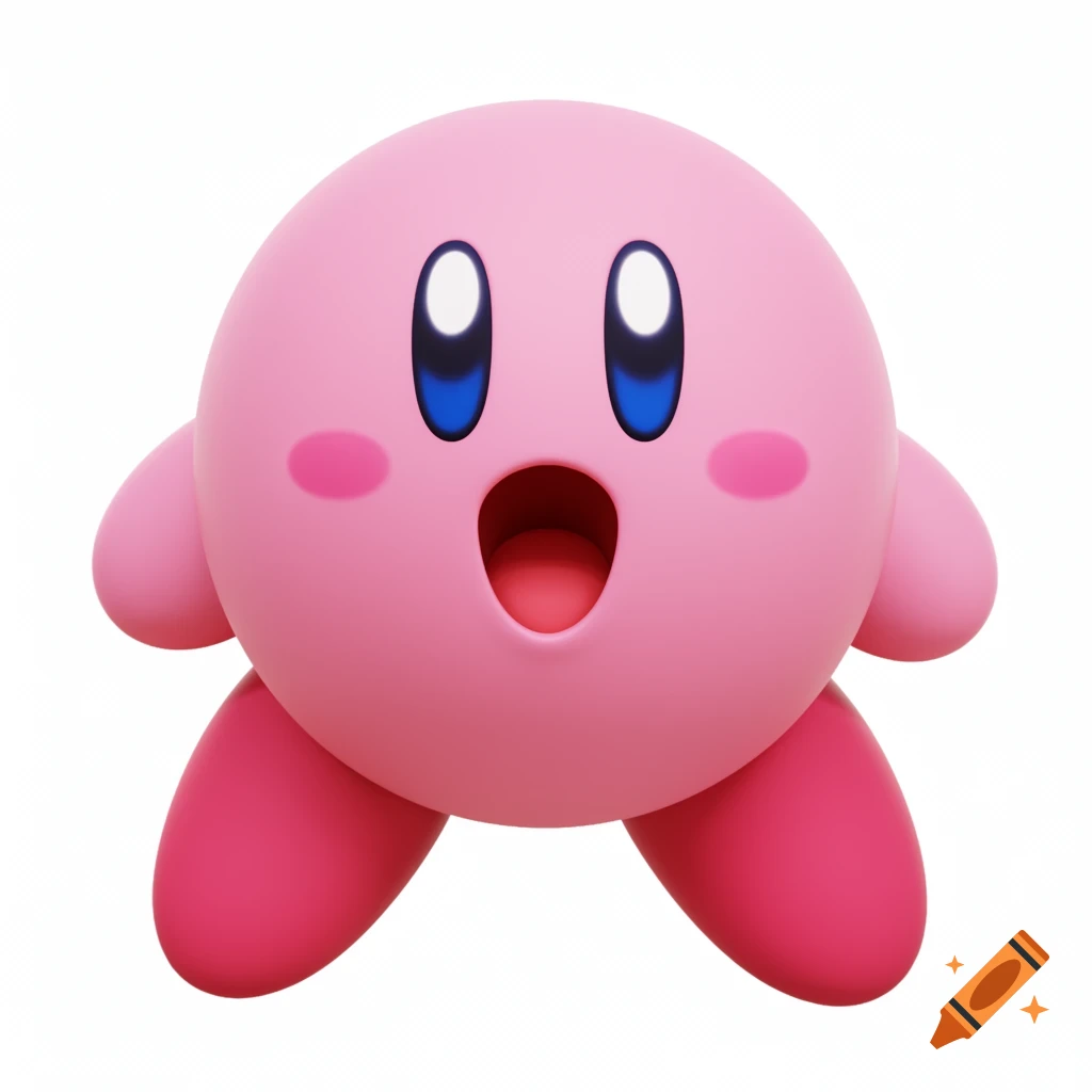 A pink, spherical Kirby character with large blue eyes and an open mouth, rendered in a 3D style on a white background.
