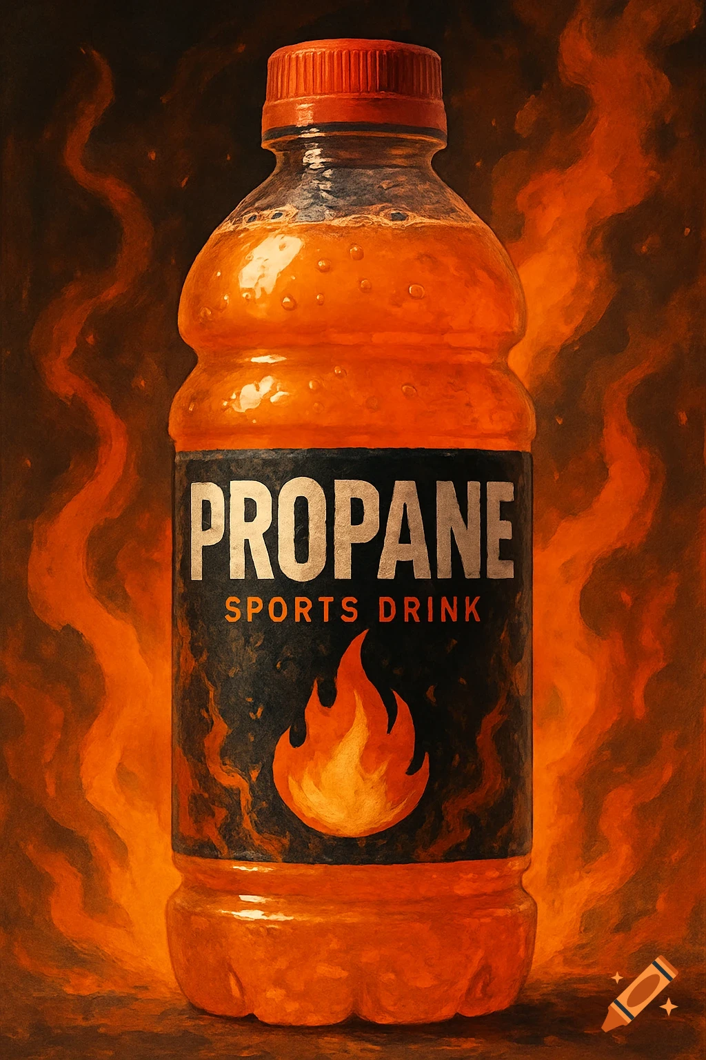A bottle of orange 'PROPANE SPORTS DRINK' with a flame logo, surrounded by flames, in a stylized rendering.