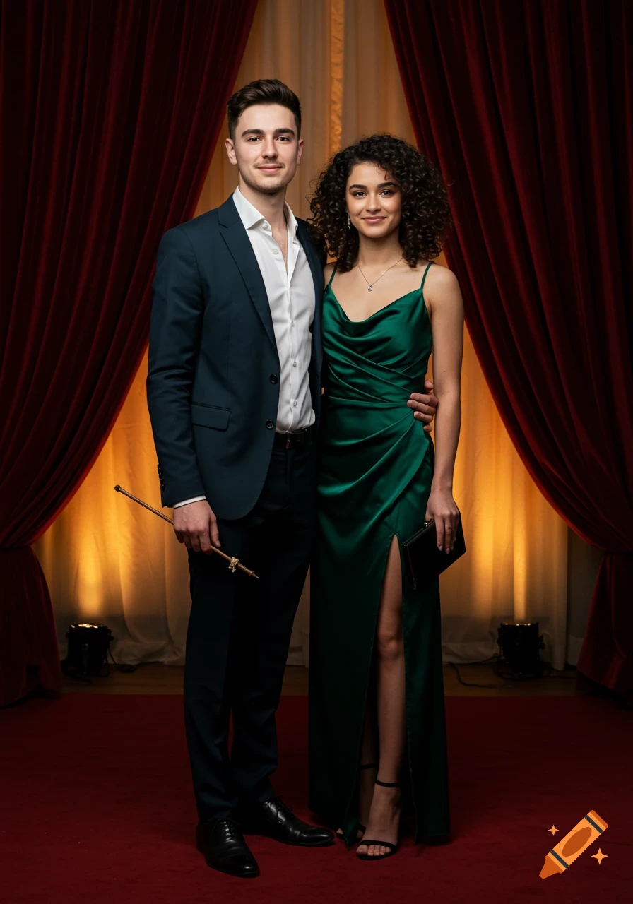 A stylish young couple in formal wear stands on a red carpet in front of red velvet curtains. The woman wears a green satin gown, and the man a black tuxedo.