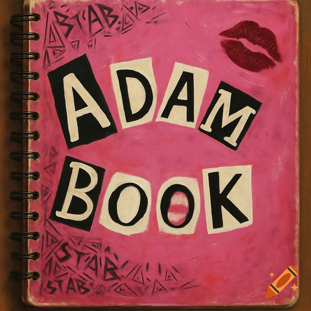 A pink spiral notebook resembling a 'burn book,' with 'ADAM BOOK' in black and white cutout letters, a red lipstick kiss mark, and 'STAB' scribbled on the cover.
