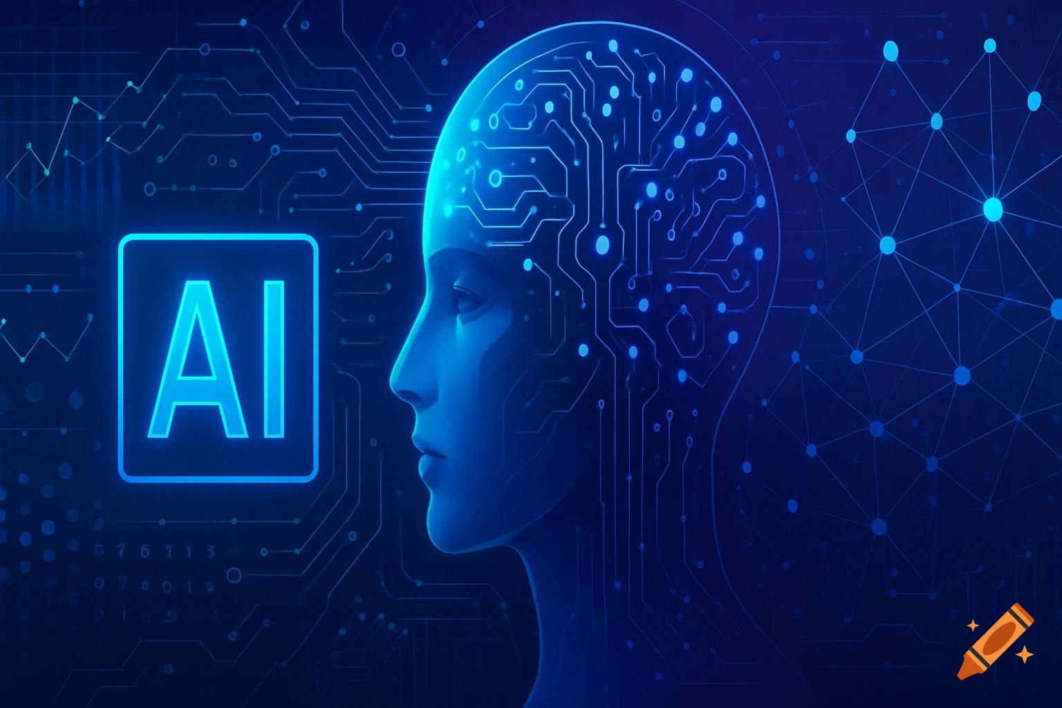 Blue digital art of a human head merged with circuit board patterns and a glowing 'AI' logo.
