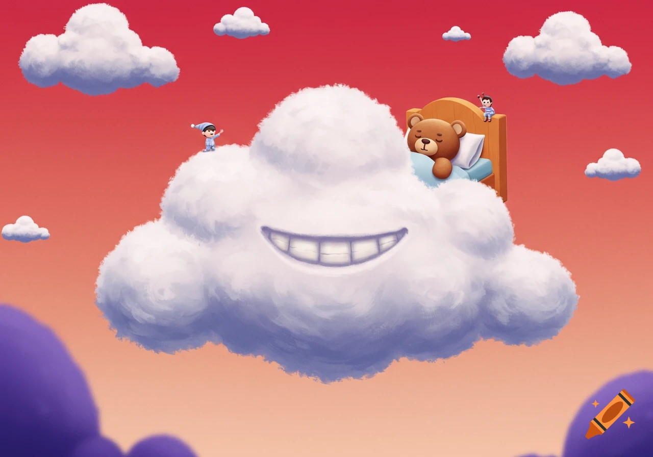 A whimsical illustration of a smiling cloud floating in a sunset sky, with a sleeping teddy bear in a bed and two small figures in pajamas.