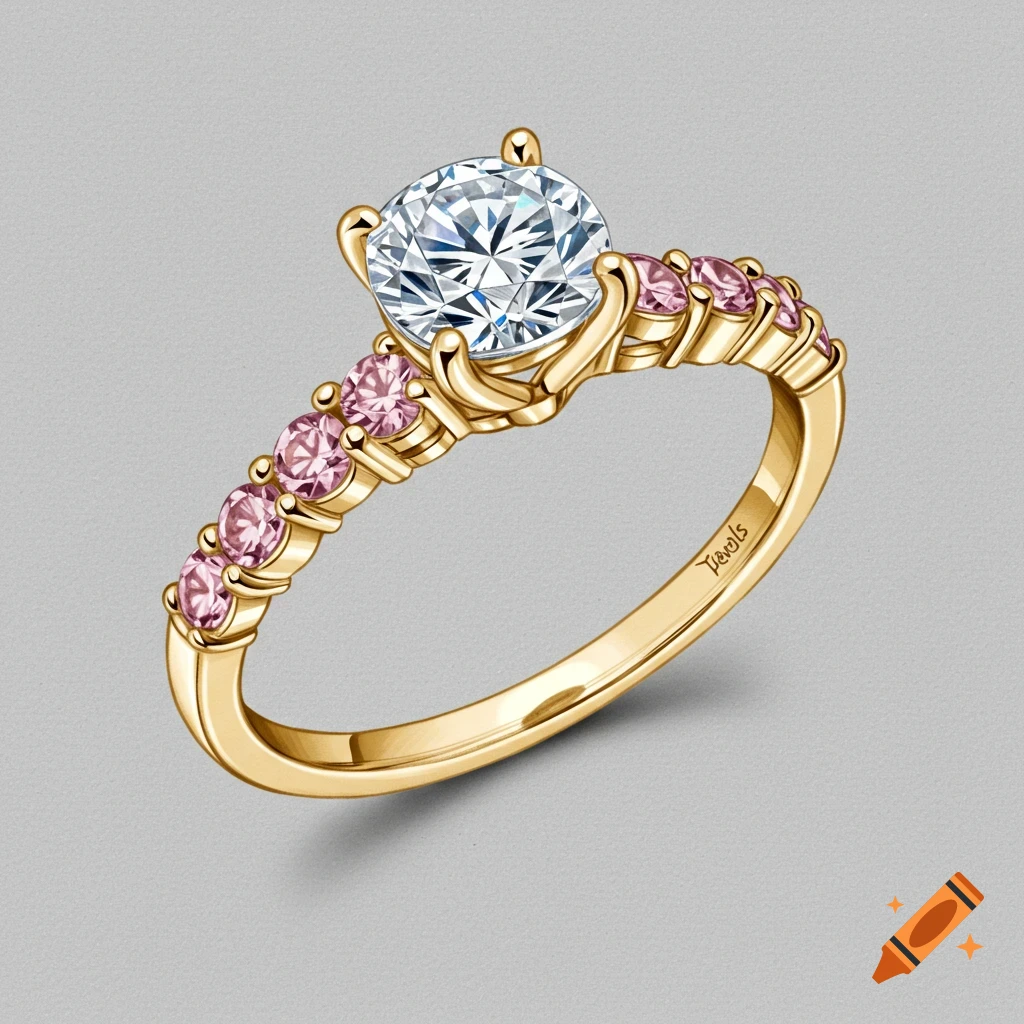 A gold ring with a large round diamond and pink side stones on a gray background.