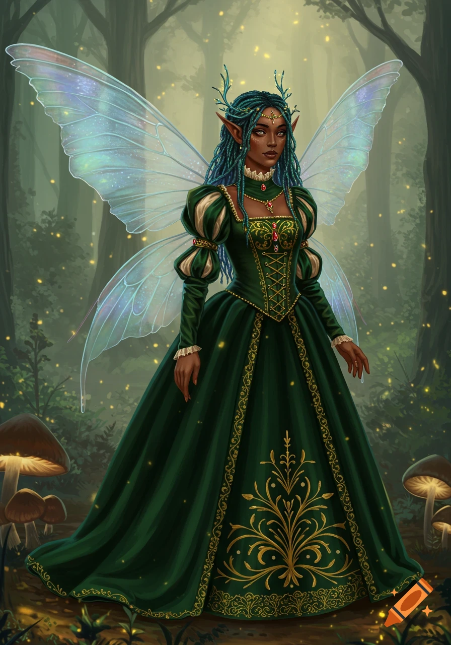 A dark-skinned fairy with blue hair and iridescent wings wears a green Tudor-style dress in a mystical forest. on Craiyon A dark-skinned fairy with blue hair and iridescent wings wears a green Tudor-style dress in a mystical forest. on Craiyon