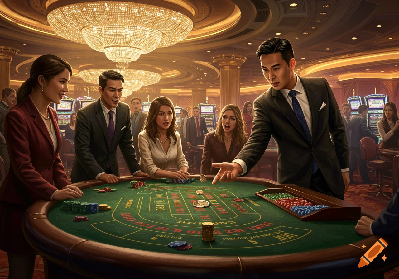 People gathered around a green casino table in a luxurious casino, with grand chandeliers overhead.