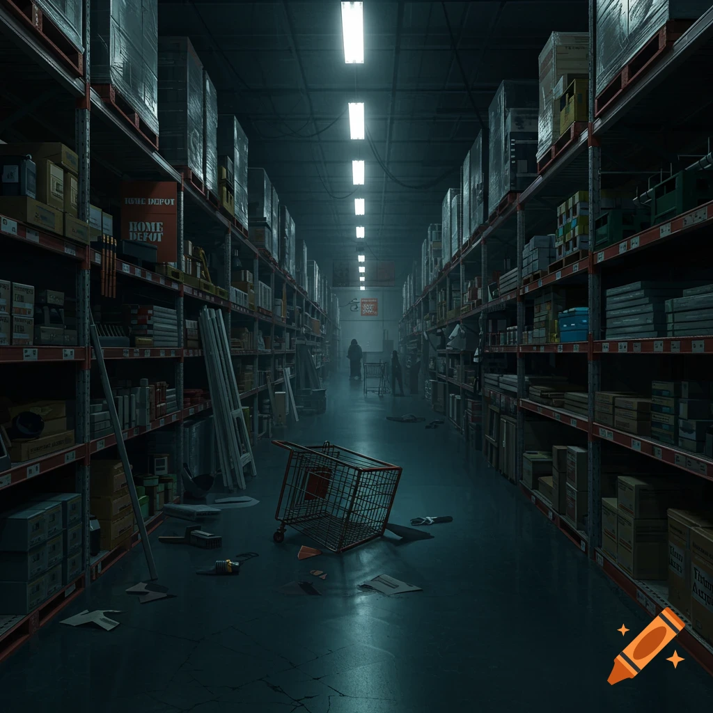 A dark, eerie, and messy aisle in a large hardware store with high shelves, dim lighting, and an overturned shopping cart.