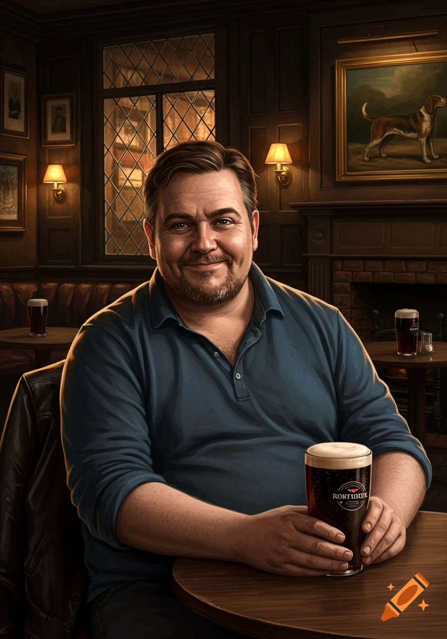 A smiling, middle-aged man with a beard sits at a wooden table in a dimly lit pub, holding a dark beer.