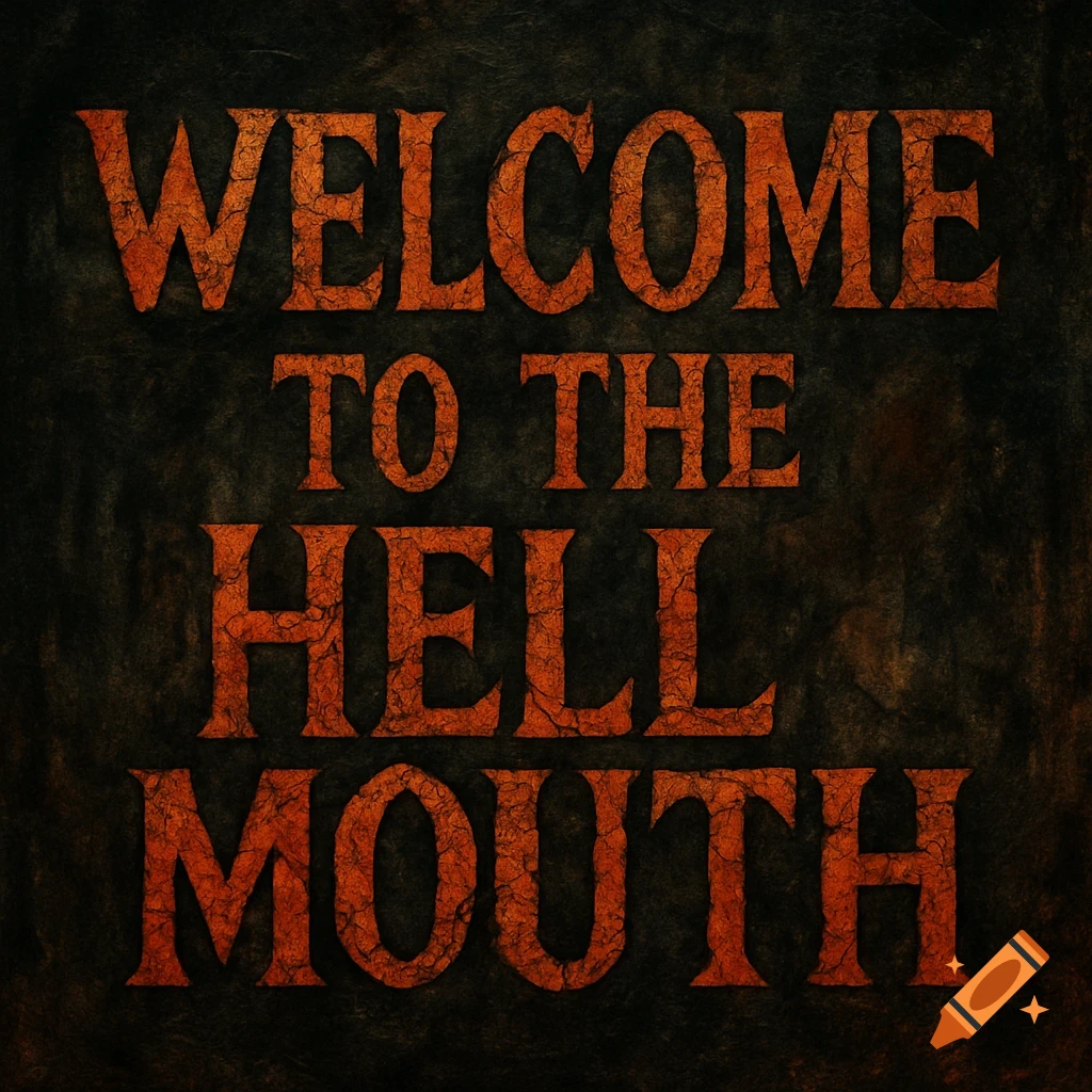 Grungy, cracked orange text spelling 'WELCOME TO THE HELLMOUTH' on a dark, textured background.