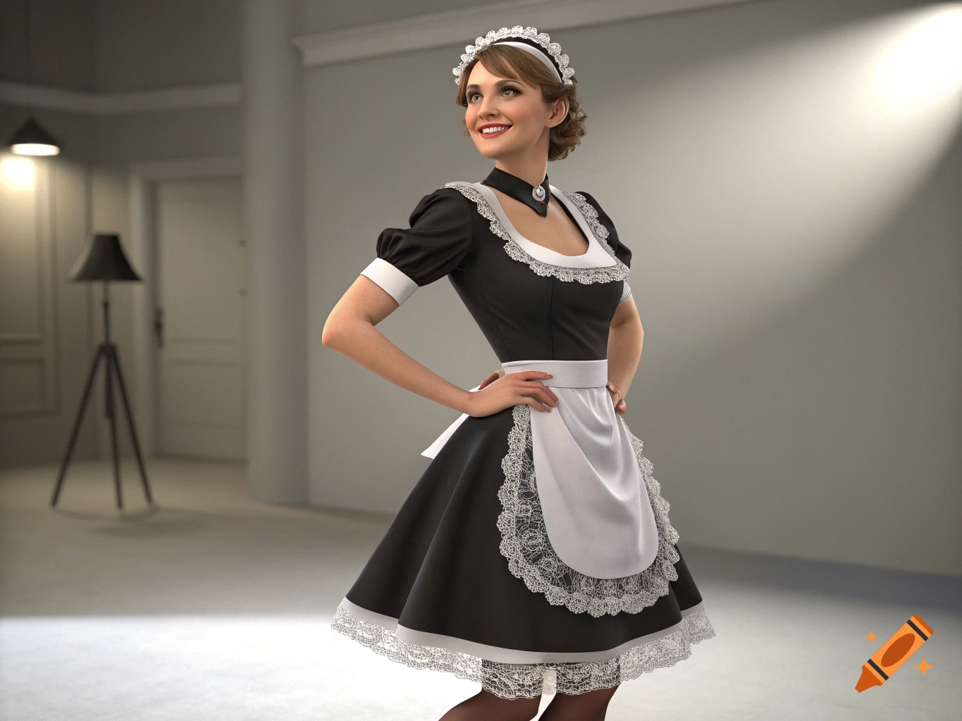 Smiling woman in a black and white French maid outfit with lace, hands on hips, looking up in a well-lit room. Photorealistic.