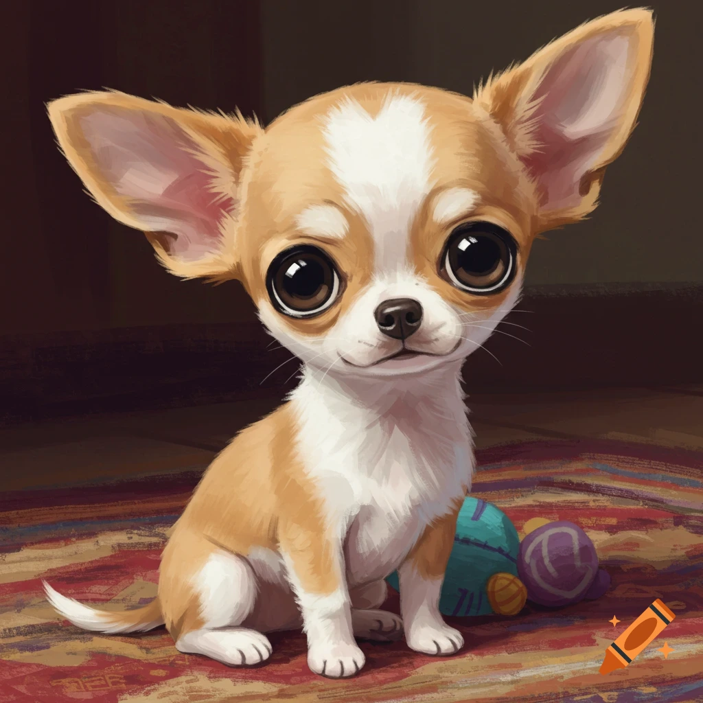 A cute tan and white chihuahua puppy with large black eyes sits on a colorful rug with toys in a cartoon style.