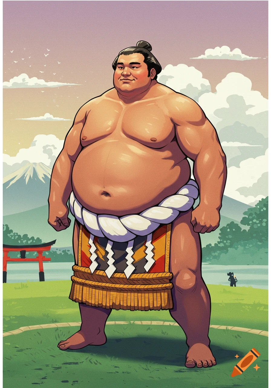 A cartoon sumo wrestler stands in a grassy ring with Mount Fuji and a torii gate in the background under a pink sky.