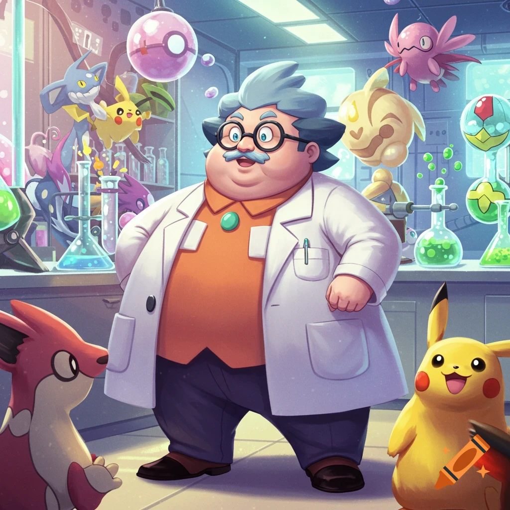 A chubby professor in a lab coat surrounded by Pokemon characters in a ...