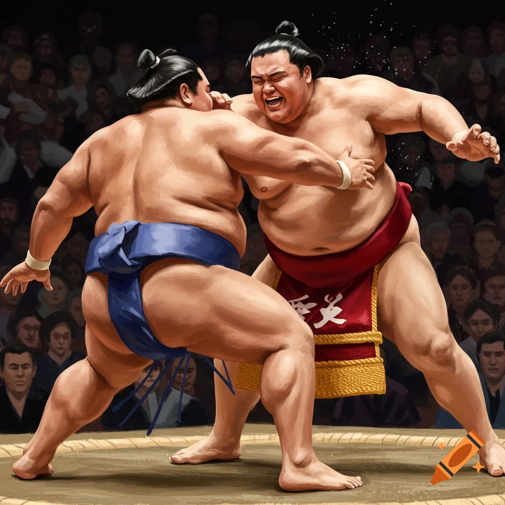 Two sumo wrestlers in blue and red mawashi wrestling in a dohyo, with a crowd watching. Illustrated.